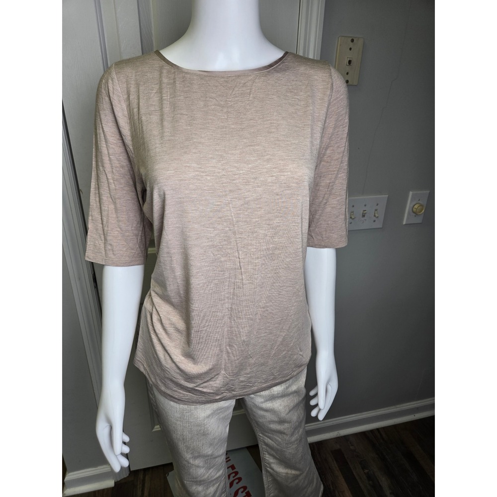 White House Black Market Tan Boat Neck Elbow Sleeve Rayon Top Large